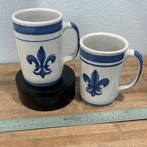 Louisville Stoneware - Made in USA - Blue and White Fleur-de-Lis Ceramic Mug Set